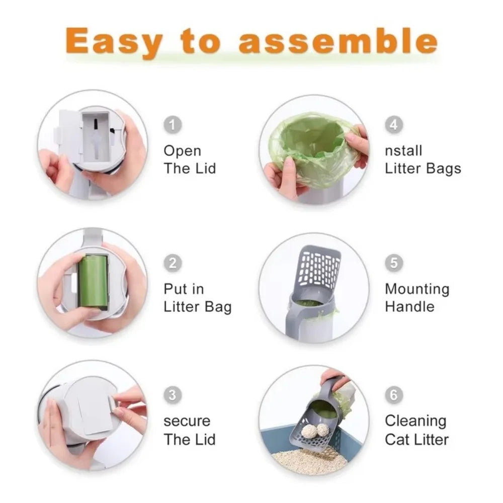 Integrated Cat Litter Scoop with Waste Bin Detachable Mess Free Cat Poop Shovel Self Contained Litter Box Cleaner for Cats